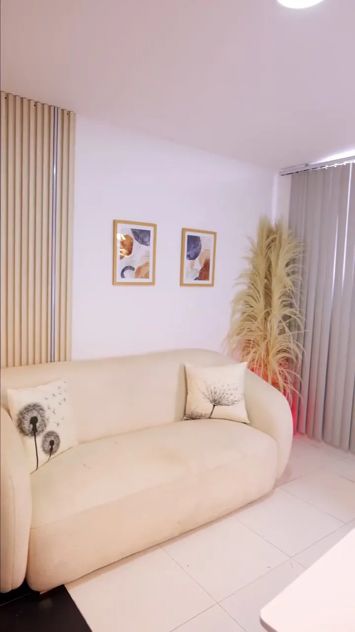 Habitación de transmisión con sofá crema, cuadros y pampas